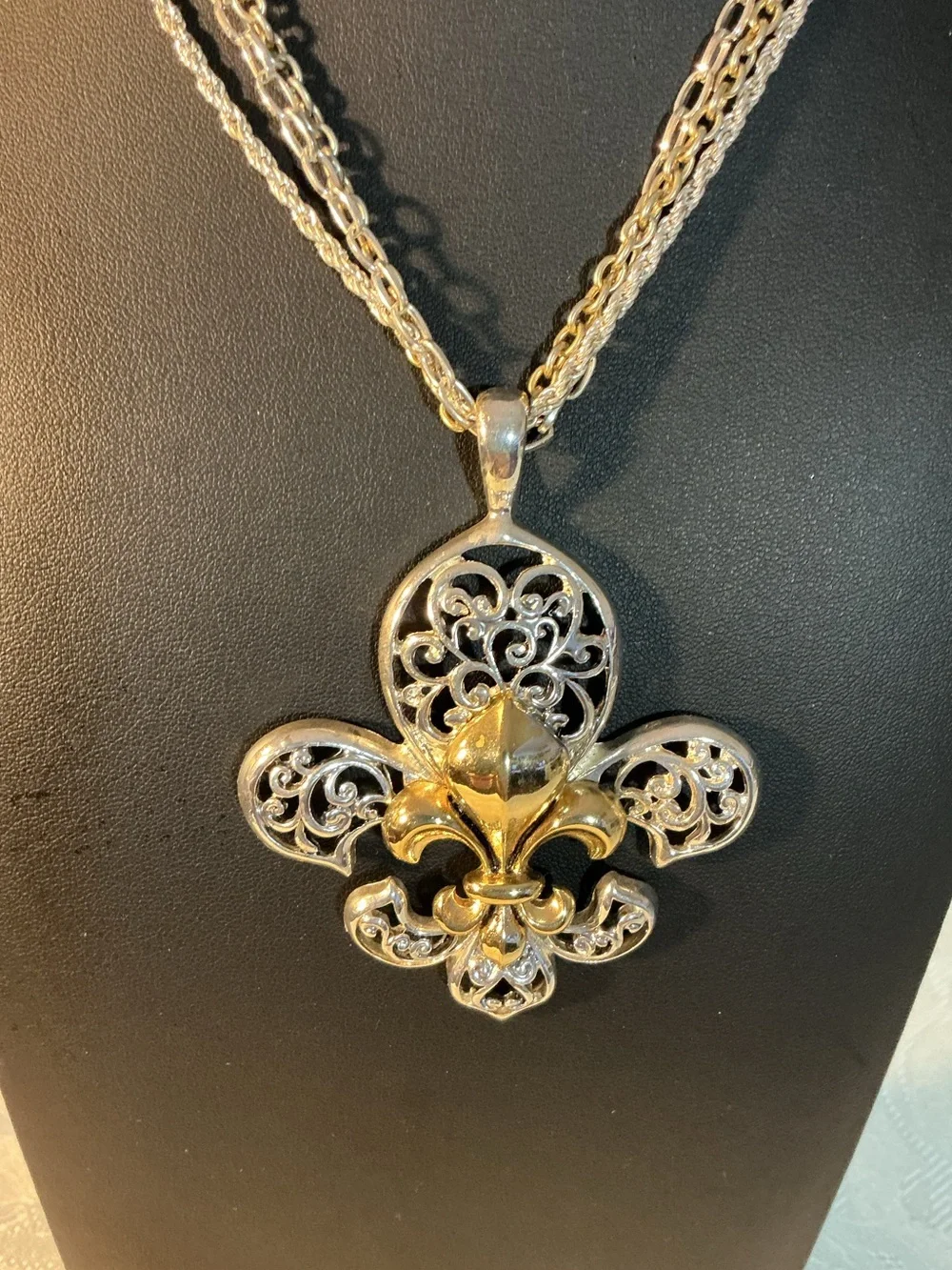 Two-Tone Fleur de Lis Triple Strand Silver Gold and Silver Pendant Necklace